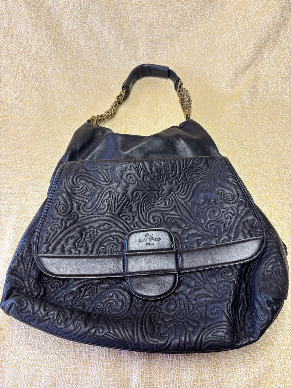 Etro Black Embossed Leather Shoulder Bag with Chain-Handle